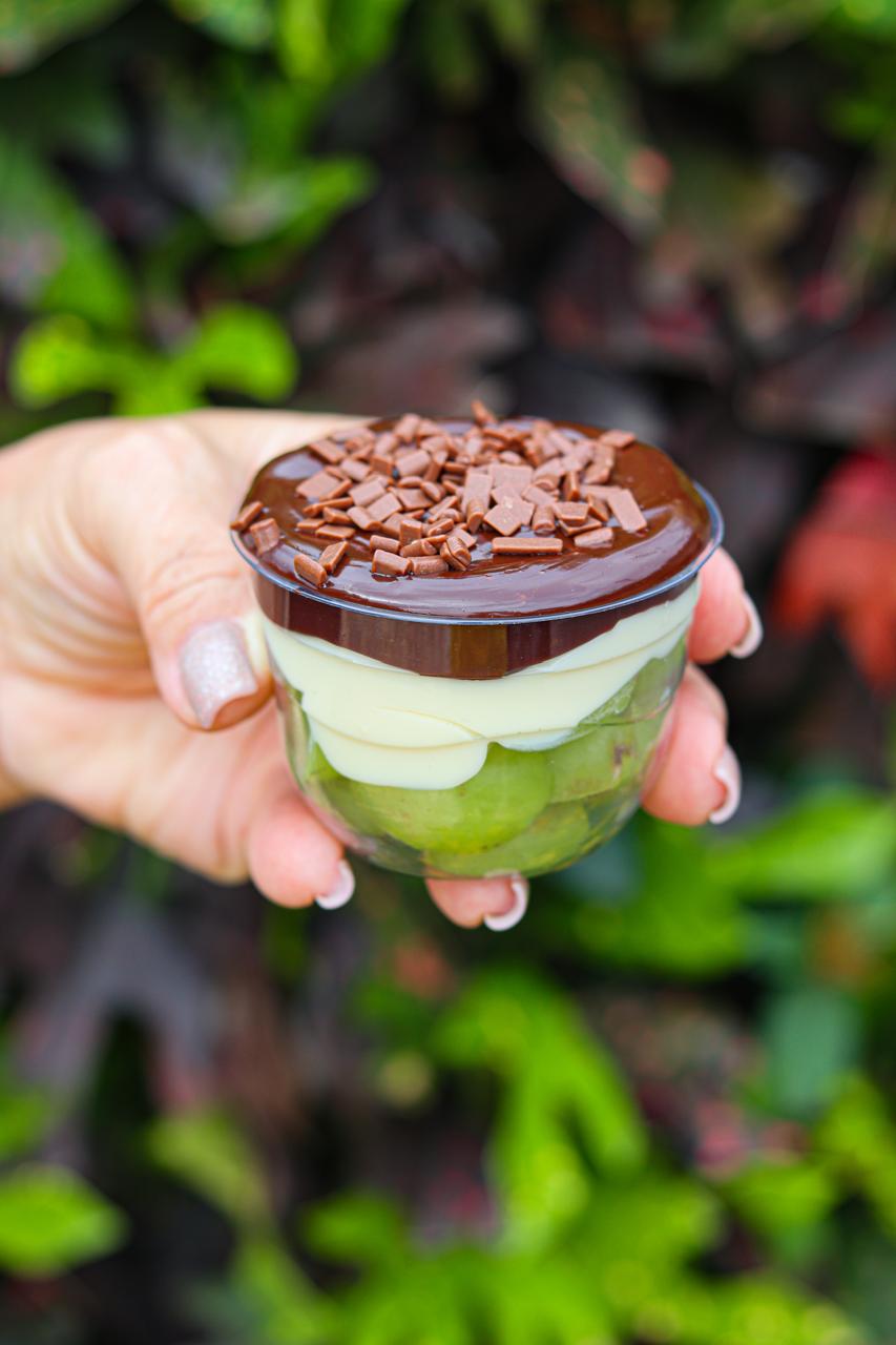 Bombom de Uva Fit pronto no pote, com camadas de creme, uva e ganache